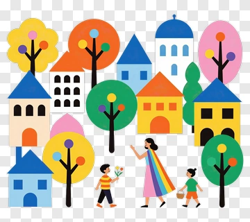 Colorful Town Scene With People And Trees PNG
