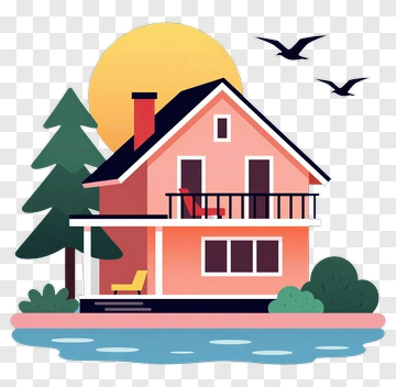 Colorful House By The Lake With Trees And Sun PNG