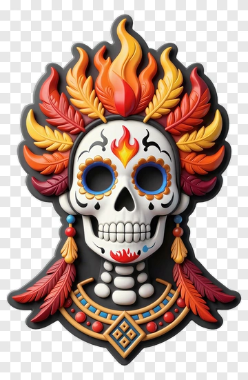 Colorful Skull With Flame And Feather Decorations PNG