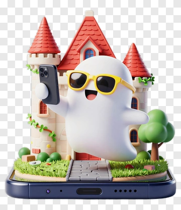 Cartoon Ghost Taking A Selfie In Front Of A Castle PNG