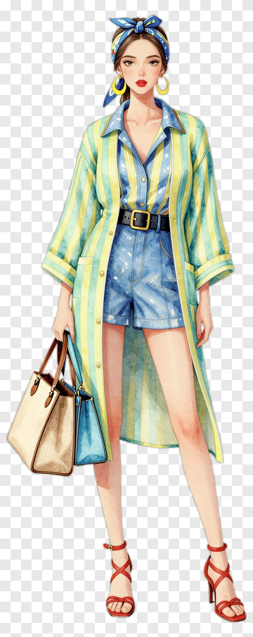 Fashionable Woman In Striped Outfit With Handbag PNG