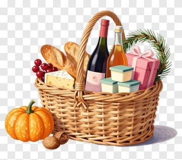 Harvest Basket With Wine, Cheese, And Pumpkin PNG
