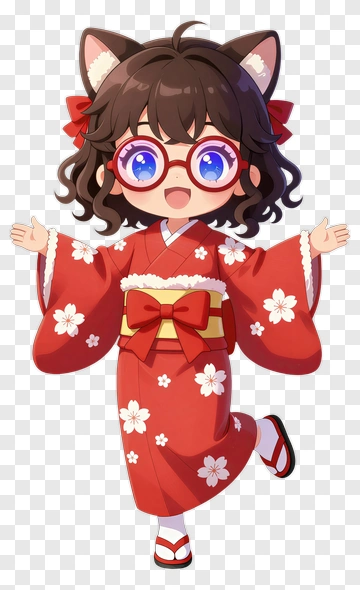 Cartoon Girl In Red Kimono With Cat Ears PNG