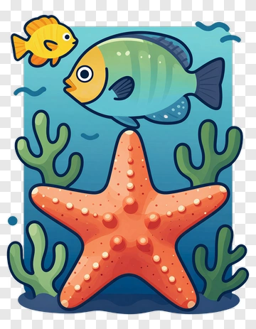 Colorful Underwater Scene With Fish And Starfish PNG