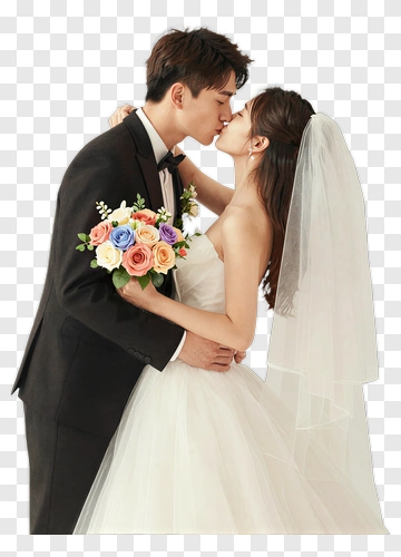 Wedding Couple Kissing With Bouquet PNG
