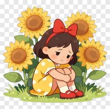 Sad Girl Sitting Among Sunflowers PNG