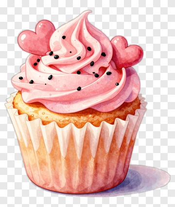 Cupcake With Pink Frosting And Heart Decorations PNG