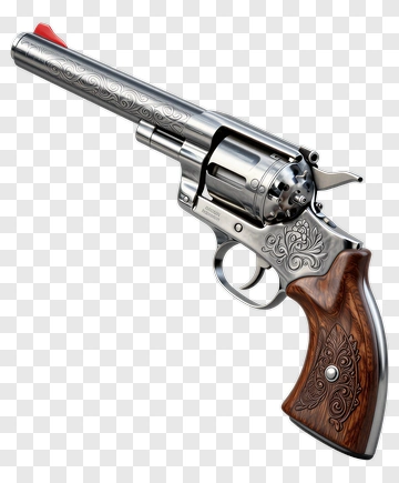 Silver Revolver With Engraved Wooden Grip PNG