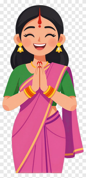 Cartoon Woman In Traditional Attire With A Greeting Gesture PNG