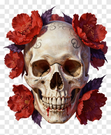 Skull Surrounded By Red Flowers PNG