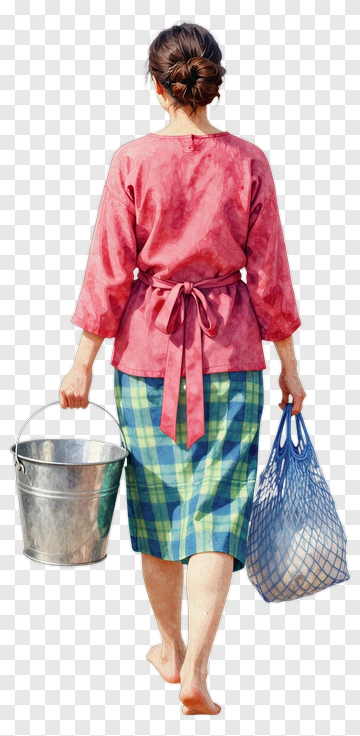Woman Carrying A Bucket And A Bag PNG