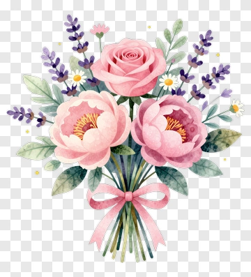 Watercolor Flower Bouquet With Pink Roses And Lavender PNG