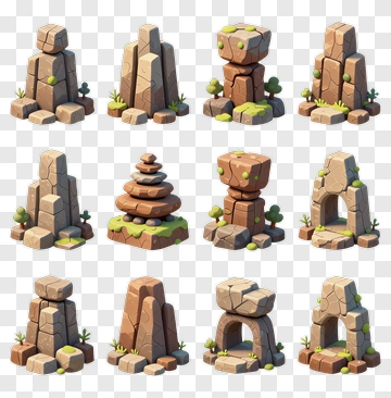 3D Rock Formation Set With Grass And Plants PNG