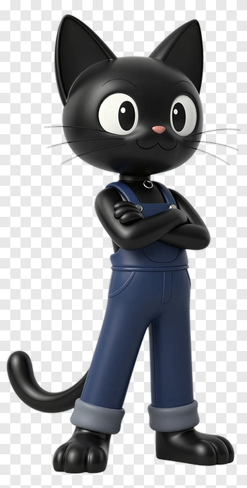 Cartoon Black Cat In Blue Overalls PNG