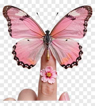 Butterfly On Finger With Flower PNG