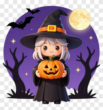 Cartoon Witch Holding A Halloween Pumpkin PNG