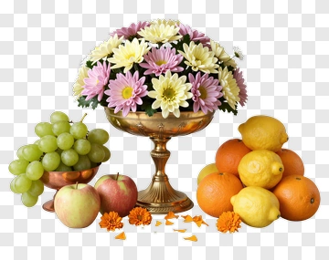 Fruit And Flower Arrangement In A Decorative Bowl PNG