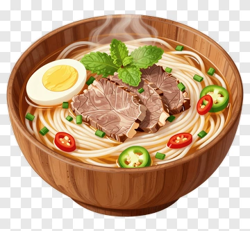 Bowl Of Noodle Soup With Beef And Egg PNG