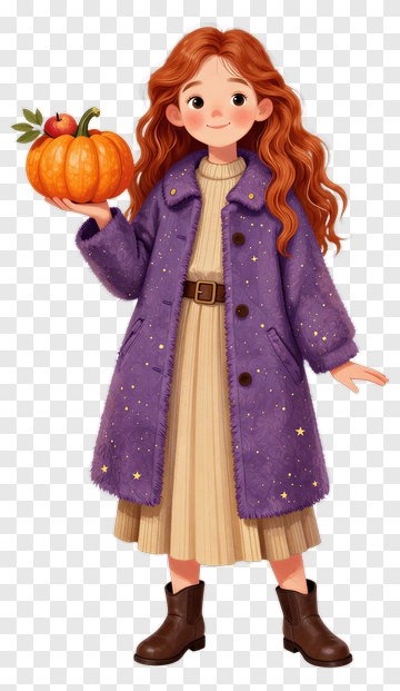 Girl Holding A Pumpkin In A Purple Coat PNG