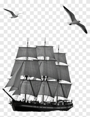 Sailing Ship With Seagulls In Black And White PNG