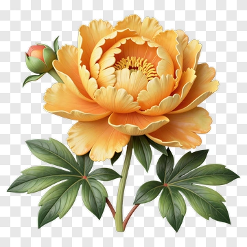 Orange Peony Flower With Green Leaves PNG