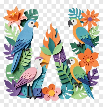 Colorful Paper Cut Letter W With Tropical Birds And Flowers PNG