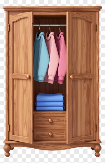 Wooden Wardrobe With Hanging Hoodies And Folded Clothes PNG
