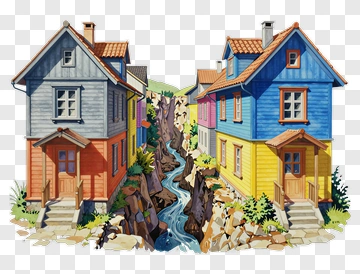Colorful Houses By A Stream PNG