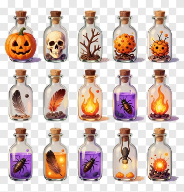 Halloween Potion Bottles With Various Contents PNG