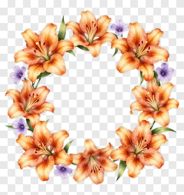Floral Wreath With Orange Lilies And Purple Flowers PNG