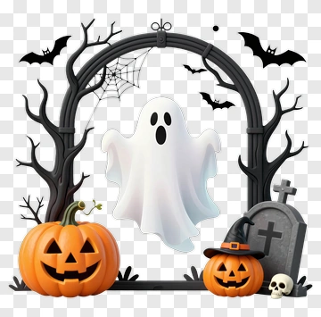 Halloween Ghost Surrounded By Pumpkins And Bats PNG