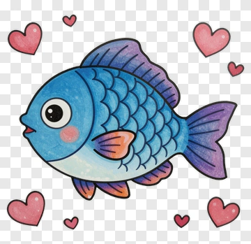 Cartoon Blue Fish Surrounded By Hearts PNG