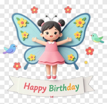 Cartoon Girl With Butterfly Wings Celebrating Happy Birthday PNG