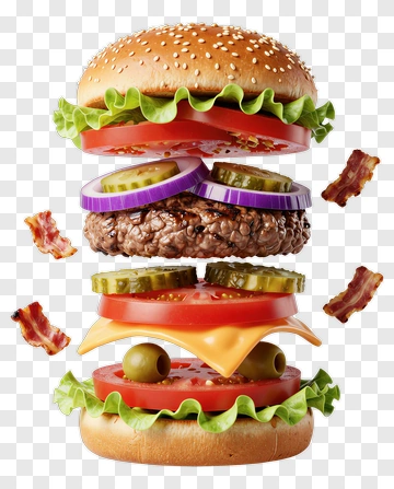 Delicious Cheeseburger With Bacon And Fresh Vegetables PNG