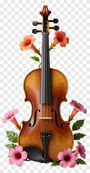 Violin Surrounded By Colorful Flowers PNG