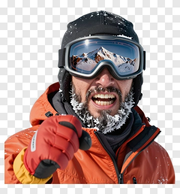 Man In Ski Gear Pointing In Snowy Mountains PNG