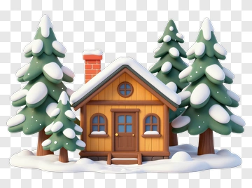 Cartoon Cabin Surrounded By Snowy Pine Trees PNG