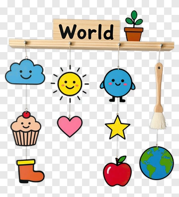 Colorful Hanging World Decorations With Smiling Icons PNG