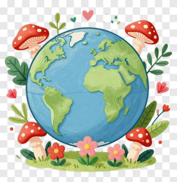 Colorful Earth Surrounded By Flowers And Mushrooms PNG