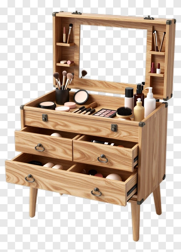 Wooden Makeup Vanity With Drawers And Mirror PNG