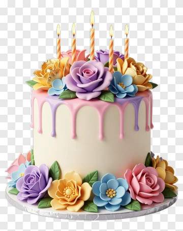 Colorful Birthday Cake With Flowers And Candles PNG