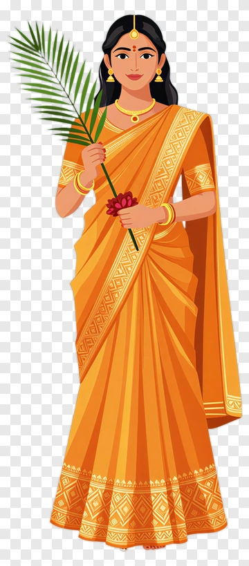 Woman In Traditional Orange Saree Holding A Leaf PNG