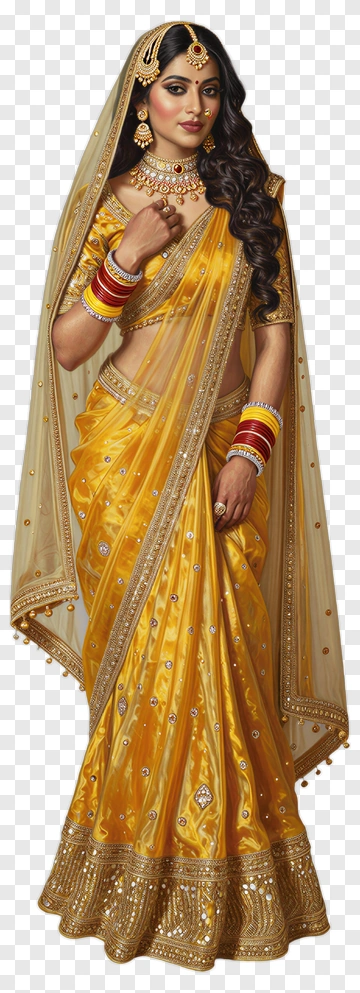 Woman In Elegant Yellow Saree With Jewelry PNG