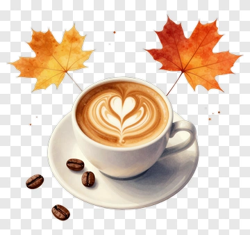 Coffee Cup With Heart Design And Autumn Leaves PNG