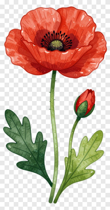 Red Poppy Flower With Bud PNG