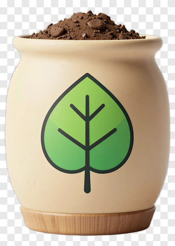 Plant Pot With Leaf Design And Soil PNG