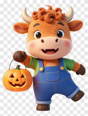 Cartoon Cow Holding A Halloween Pumpkin Bucket PNG