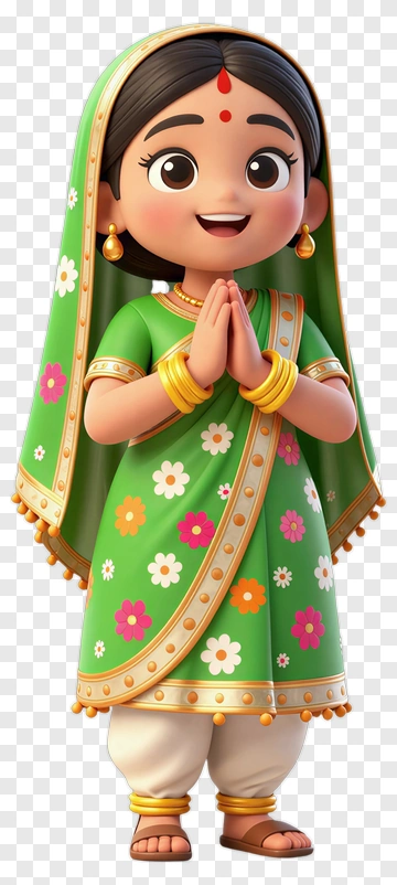 Cartoon Girl In Traditional Indian Dress With Hands Together PNG