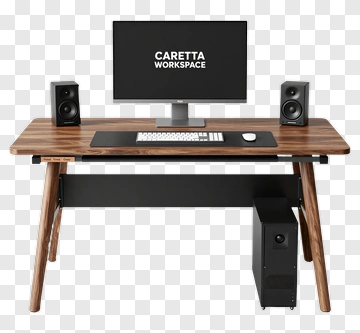 Modern Workspace Desk With Computer And Speakers PNG