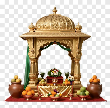 Golden Decorative Mandap With Fruits And Flowers PNG